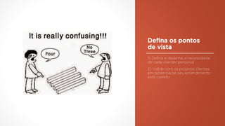 Defina os pontos
de vista
1) Defina e desenhe a necessidade
de cada cliente (persona)
2) Valide com os próprios clientes
em potencial se seu entendimento
está correto
 
