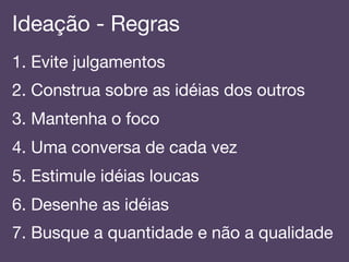 Ideação - Regras!
1. Evite julgamentos!
2. Construa sobre as idéias dos outros!
3. Mantenha o foco!
4. Uma conversa de cada vez!
5. Estimule idéias loucas!
6. Desenhe as idéias!
7. Busque a quantidade e não a qualidade!
 