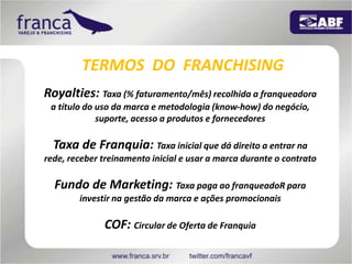 TERMOS  DO  FRANCHISINGRoyalties: Taxa (% faturamento/mês) recolhida a franqueadora a título do uso da marca e metodologia (know-how) do negócio, suporte, acesso a produtos e fornecedoresTaxa de Franquia: Taxa inicial que dá direito a entrar na rede, receber treinamento inicial e usar a marca durante o contratoFundo de Marketing: Taxa paga ao franqueadoR para investir na gestão da marca e ações promocionaisCOF: Circular de Oferta de Franquia