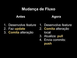 Mudança de Fluxo
        Antes                  Agora

1. Desenvolve feature   1. Desenvolve feature
2. Faz update           2. Comita alteração
3. Comita alteração        local
                        3. Atualiza: pull
                        4. Envia commits:
                           push
 