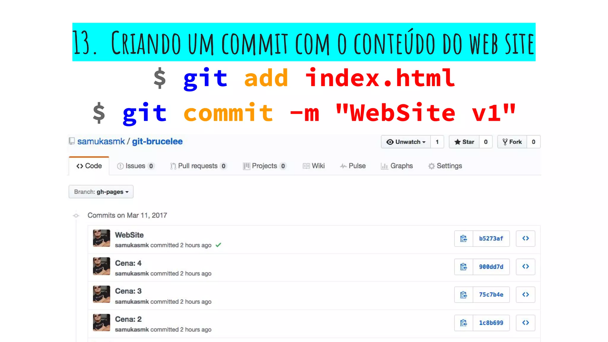 13. Criando um commit com o conteúdo do web site
$ git add index.html
$ git commit -m "WebSite v1"
 