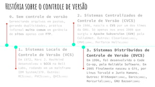 História sobre o controle de versão
0. Sem controle de versão
Gerenciando arquivos em pastas,
gerando duplicidades, prática
informal muito comum em gerência
de sites apenas com FTP.
1. Sistemas Locais de
Controle de Versão (VCS)
Em 1972, Marc J. Rochkind
desenvolveu o SCCS na Bell
Labs, rodando em um mainframe
IBM System/370. Outros:
RCS(1982), PVCS(1985), QVCS(1991)
2. Sistemas Centralizados de
Controle de Versão (CVCS)
Em 1986, nascia o CVS por um dos times
da GNU. Só apenas nos anos 2000 que
surgiu o Apache Subversion (SVN) pela
CollabNet. Outros: ClearCase(1992),
CMVC(1994), Perforce Helix(1995)
3. Sistemas Distribuídos de
Controle de Versão (DVCS)
Em 1996, foi desenvolvido o Code
Co-op, pela Reliable Software. Em
2005 finalmente nasceu o Git, por
Linus Torvald e Junio Hamano.
Outros: BitKeeper(1998), Darcs(2002),
Mercurial(2005), GNU Bazaar(2005)
 