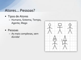 Atores... Pessoas?
• Tipos de Atores
  – Humano, Sistema, Tempo,
    Agente, Mago

• Pessoas
  – As mais complexas, sem
    dúvida!
 