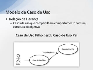 Modelo de Caso de Uso
• Relação de Herança
  – Casos de uso que compartilham comportamento comum,
    estrutura ou objetivo

      Caso de Uso Filho herda Caso de Uso Pai
 