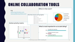ONLINE COLLABORATION TOOLS
e.g.
www.mentimeter.com
www.polleverywhere.com
© 2018 Improvement Skills Consulting Ltd. 13
 
