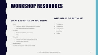 WORKSHOP RESOURCES
WHAT FACILITIES DO YOU NEED?
• Room
– Layout for plenary and/or small-group activities
– Wall space, flipcharts or whiteboards
• Facilities
– PC, Screen(s), Cables, Connectors
– WiFi
• Materials
– PostIts, Pens, Paper, Masking Tape/BluTak
– Session Plans, Handouts
• Refreshments
• Facilities for anyone with special needs
WHO NEEDS TO BE THERE?
• Participants!
• Facilitator(s)
• Chair-person
• Note-taker
• Others?
© 2018 Improvement Skills Consulting Ltd. 15
 