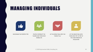 MANAGING INDIVIDUALS
ENCOURAGE THE POSITIVE TYPE POLITELY INTERRUPT THE
TALKERS AND THOSE WHO
RAMBLE ON
LET THE GROUP DEAL WITH THE
“KNOW IT ALL”
LET THE GROUP DEAL WITH
THOSE WHO TRY TO TRIP UP
THE CHAIR-PERSON OR
FACILITATOR
© 2018 Improvement Skills Consulting Ltd. 29
 
