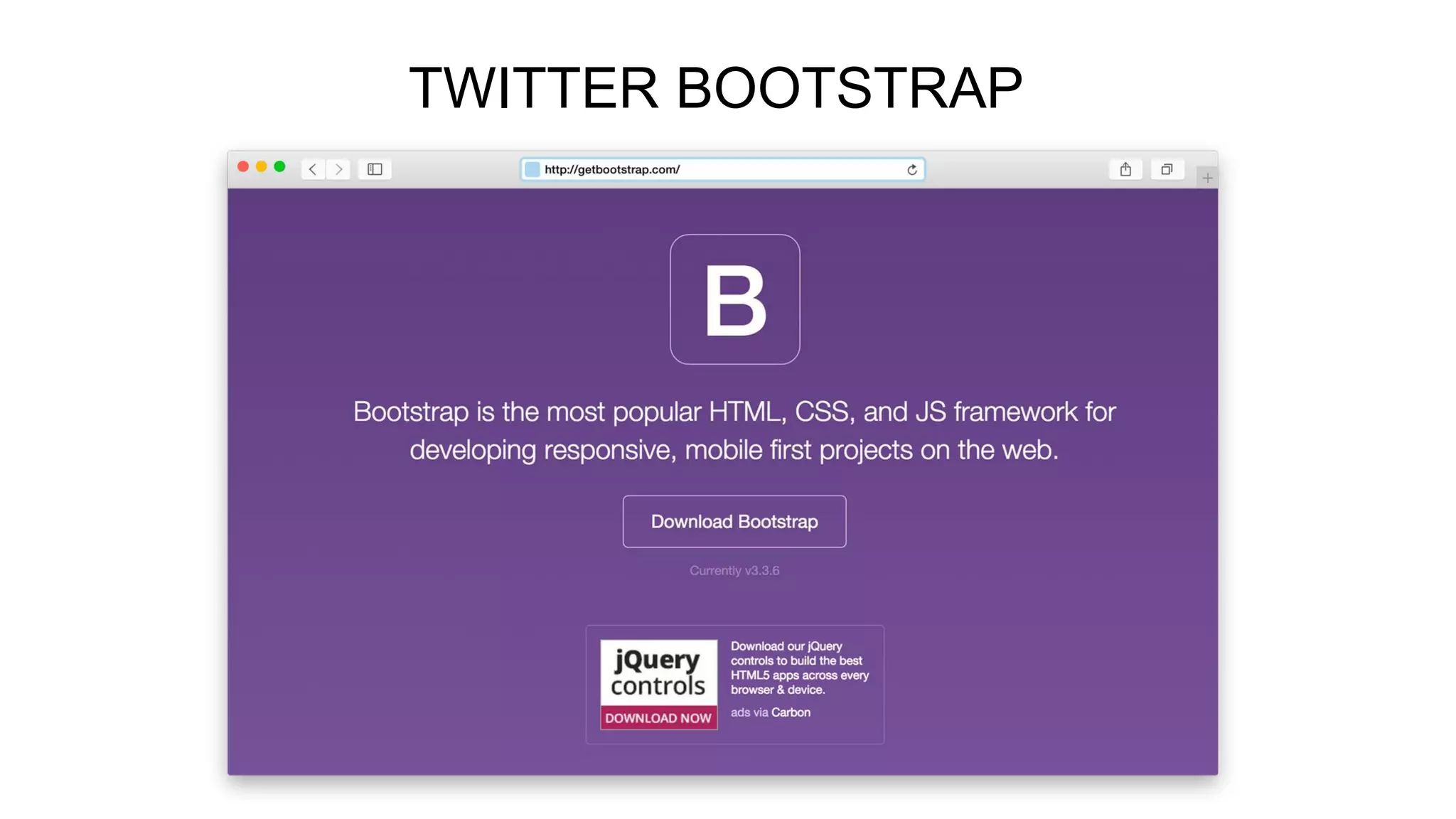 DOWNLOAD
3 diferents ways to download Bootstrap
1-Bootstrap
Compiled and minified CSS, JavaScript, and fonts. No docs or original source files are included.
2-Source code
Source Less, JavaScript, and font files, along with our docs. Requires a Less compiler and some setup.
3-Sass
Bootstrap ported from Less to Sass for easy inclusion in Rails, Compass, or Sass-only projects.
http://getbootstrap.com/getting-started/#download
Other options like Install with Bower, Install with npm, Installing Grunt and some
templates of examples.
 