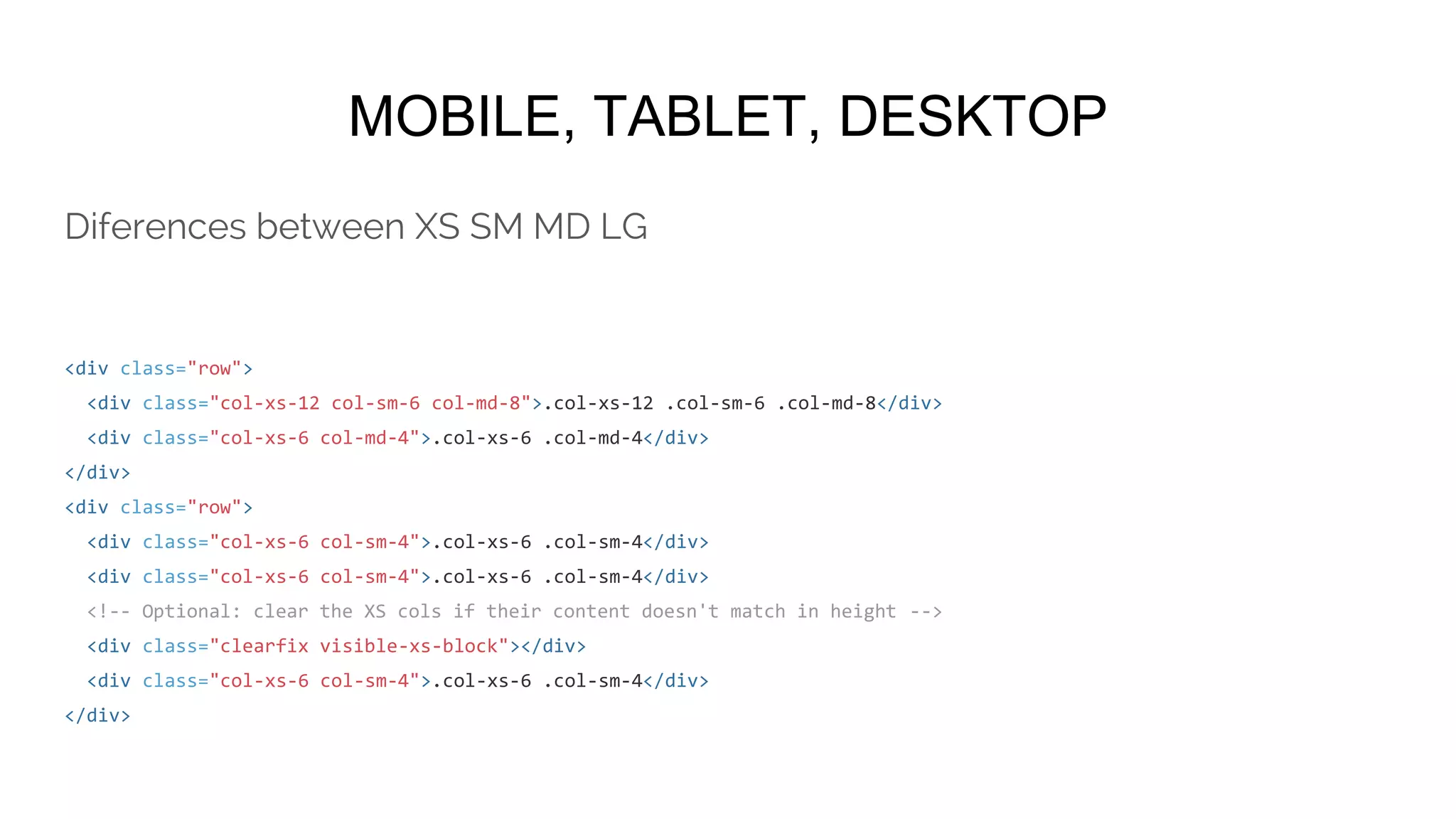 BUTTONS
<!-- Standard button -->
<button type="button" class="btn btn-default">Default</button>
<!-- Provides extra visual weight and identifies the primary action in a set of buttons -->
<button type="button" class="btn btn-primary">Primary</button>
<!-- Indicates a successful or positive action -->
<button type="button" class="btn btn-success">Success</button>
<!-- Contextual button for informational alert messages -->
<button type="button" class="btn btn-info">Info</button>
<!-- Indicates caution should be taken with this action -->
<button type="button" class="btn btn-warning">Warning</button>
<!-- Indicates a dangerous or potentially negative action -->
<button type="button" class="btn btn-danger">Danger</button>
<!-- Deemphasize a button by making it look like a link while maintaining button behavior -->
<button type="button" class="btn btn-link">Link</button>
 