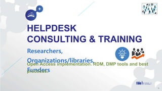 HELPDESK
CONSULTING & TRAINING
Researchers,
Organizations/libraries, Funders
11
Open Access implementation. RDM, DMP tools...