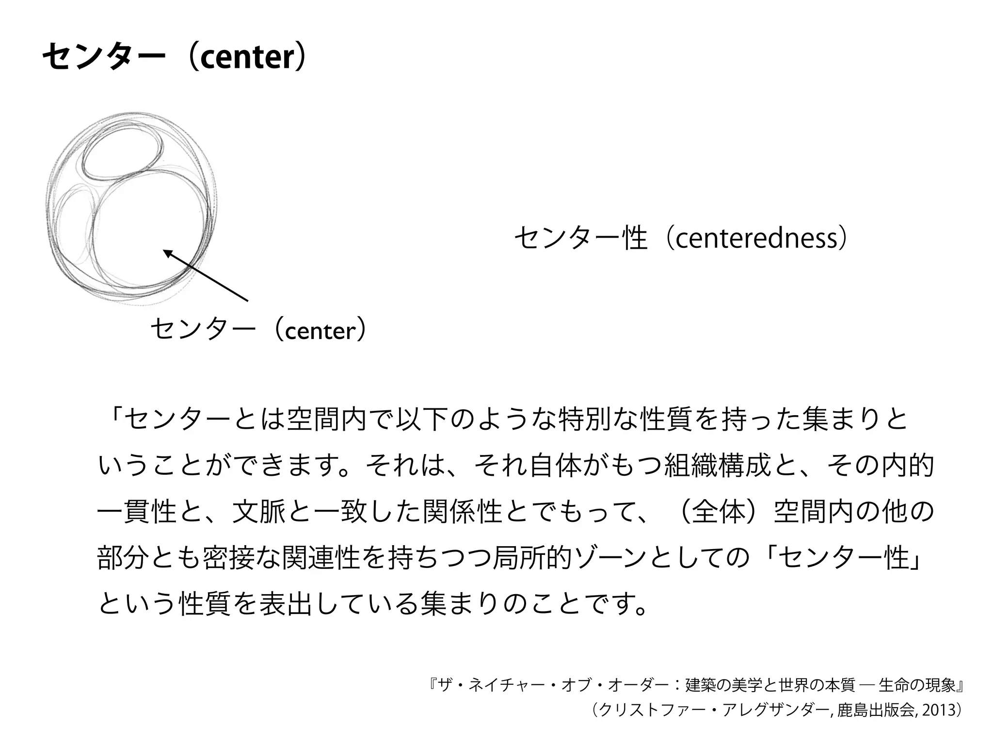 センター（center）
センター（center）
「センターとは空間内で以下のような特別な性質を持った集まりと
いうことができます。それは、それ自体がもつ組織構成と、その内的
一貫性と、文脈と一致した関係性とでもって、（全体）空間内の他の
部分とも密接な関連性を持ちつつ局所的ゾーンとしての「センター性」
という性質を表出している集まりのことです。
『ザ・ネイチャー・オブ・オーダー：建築の美学と世界の本質 ― 生命の現象』
（クリストファー・アレグザンダー, 鹿島出版会, 2013）
センター性（centeredness）
 