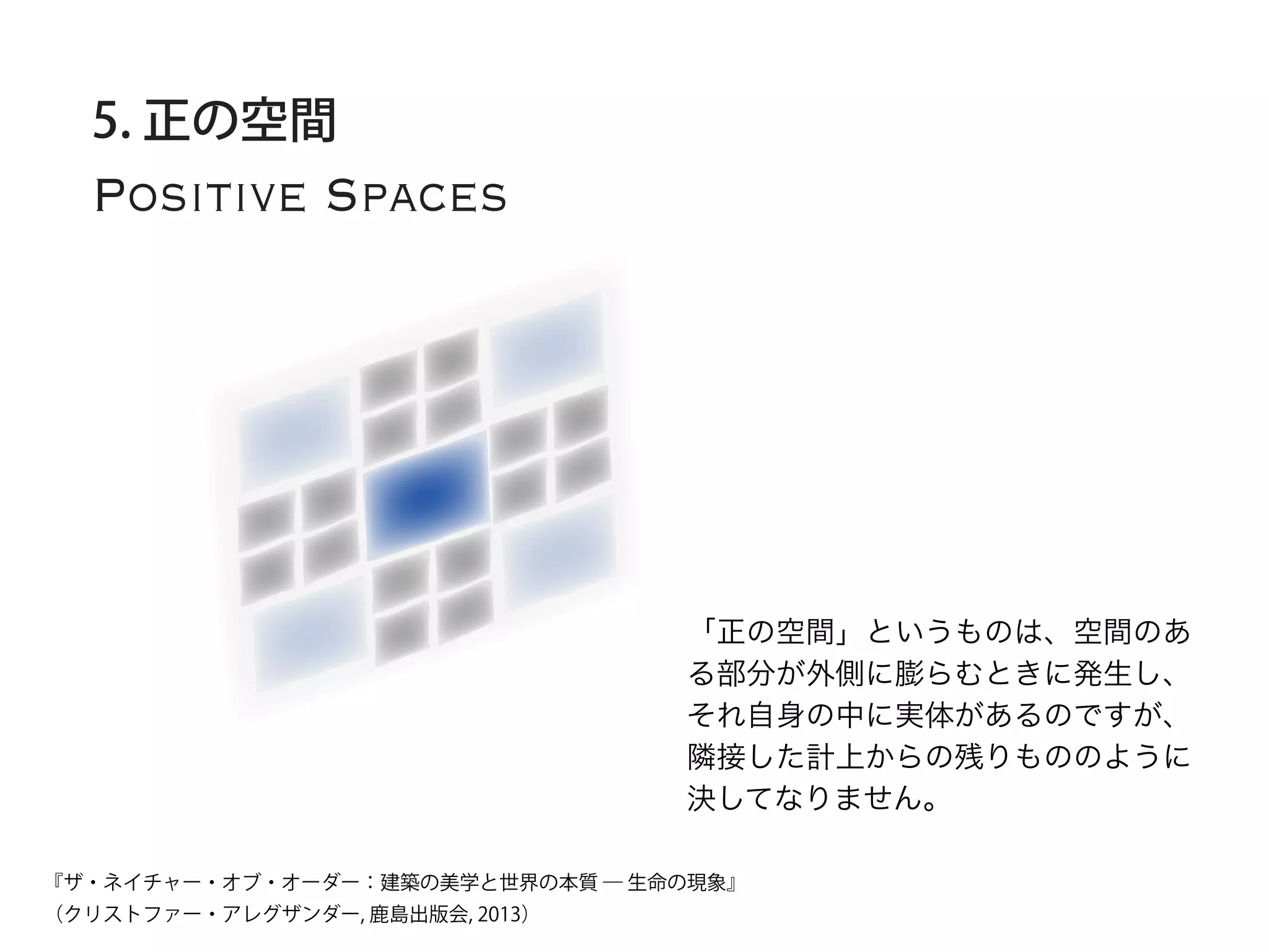 Positive Spaces
5. 正の空間
「正の空間」というものは、空間のあ
る部分が外側に膨らむときに発生し、
それ自身の中に実体があるのですが、
隣接した計上からの残りもののように
決してなりません。
『ザ・ネイチャー・オブ・オーダー：建築の美学と世界の本質 ― 生命の現象』
（クリストファー・アレグザンダー, 鹿島出版会, 2013）
 