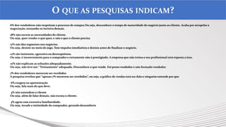 6% dos vendedores não respeitam o processo de compra.Ou seja, desconhece o tempo de maturidade do negócio junto ao cliente. Acaba por atropelar a
negociação, tornando-se incisivo demais.
18% não ouvem as necessidades do cliente.
Ou seja, quer vender o que quer, e não o que o cliente precisa
17% não dão segmento nos negócios.
Ou seja, desiste no meio do jogo. Tem impulso imediatista e desiste antes de finalizar o negócio.
12% são insistente, agressivo ou desrespeitoso.
Ou seja, é inconveniente para o comprador e certamente não é prestigiado. A empresa que não treina o seu profissional está exposta a isso.
10% não explicam as soluções adequadamente.
Ou seja, não teve um “ Treinamento” adequado. Desconhece o que vende. Foi posto vendedor e não formado vendedor.
7% dos vendedores merecem ser recebidos
A pesquisa revelou que “apenas 7% merecem ser recebidos”, ou seja, o gráfico de vendas está no chão e ninguém entende por que
6% exagera na apresentação
Ou seja, fala mais do que deve.
4% não entendem o cliente
Ou seja, além de falar demais, não escuta o cliente.
3% agem com excessiva familiaridade.
Ou seja, invade a intimidade do comprador, gerando desconforto
O QUE AS PESQUISAS INDICAM?
 