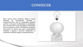 Aqui iremos trazer soluções, ideias e novos
formatos de pensamento, atitudes e
comportamentos que se praticados poderão
reverter à situação, melhorando os resultados.
São conceitos que serão abordados e discutidos
junto ao grupo e aonde o facilitador irá propor
uma ponte ao futuro para que o participante
visualize o quanto é possível mudarmos os
resultados mudando alguns comportamentos.
CONHECER
 