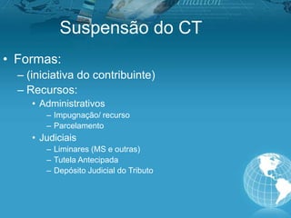 Suspensão do CT
• Formas:
– (iniciativa do contribuinte)
– Recursos:
• Administrativos
– Impugnação/ recurso
– Parcelamento
• Judiciais
– Liminares (MS e outras)
– Tutela Antecipada
– Depósito Judicial do Tributo
 