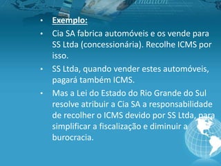 • Exemplo:
• Cia SA fabrica automóveis e os vende para
SS Ltda (concessionária). Recolhe ICMS por
isso.
• SS Ltda, quando vender estes automóveis,
pagará também ICMS.
• Mas a Lei do Estado do Rio Grande do Sul
resolve atribuir a Cia SA a responsabilidade
de recolher o ICMS devido por SS Ltda, para
simplificar a fiscalização e diminuir a
burocracia.
 
