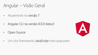 Angular – Visão Geral
• Atualmente na versão 7
• Angular CLI na versão 8.0.0-beta.0
• Open Source
• Um dos frameworks JavaScript mais populares
 