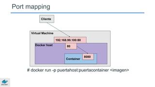 Port mapping
# docker run -p puertahost:puertacontainer <imagen>
Docker host
Virtual Machine
Container
8080
80
192.168.99.100:80
Cliente
 