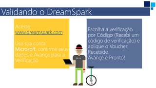 Acesse:
www.dreamspark.com
Use sua conta
Microsoft, confirme seus
dados e Avançe para a
Verificação
Validando o DreamSpark
Escolha a verificação
por Código (Recebi um
código de verificação) e
aplique o Voucher
Recebido.
Avançe e Pronto!
 