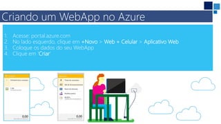 1. Acesse: portal.azure.com
2. No lado esquerdo, clique em +Novo > Web + Celular > Aplicativo Web
3. Coloque os dados do seu WebApp
4. Clique em ‘Criar’
Criando um WebApp no Azure
 