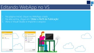 1. Na página inicial, clique no WebApp criado
2. Na aba acima, clique em ‘Obter o Perfil de Publicação’
3. Abra o Visual Studio e Importe o arquivo
Editando WebApp no VS
 