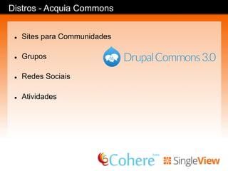 Distros - OpenScholar
l  Sites Acadêmicos
l  Cursos
l  Publicações
l  Referências
l  Espaço Pessoal para Professores/Pesquisadores/
Estudantes
 