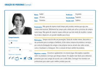 CRIAÇÃO DE PERSONAS Exemplo
Nome:
Idade:
Sexo:
Profissão:
Escolaridade:
Estado civil:
Comportamento:
Frustrações:
Motivações:
Objetivos e metas:
Uso de tecnologias
Alto Baixo
Frequência de compra
Plataformas e dispositivos
Alta Baixa
Isabel
28 anos
Feminino
Arquiteta
Superior
Solteira
Sempre está de olho em promoções. Gosta de receber mimos, descontos e
dar presentes para os amigos e familiares. Já fez várias compras de produtos e serviços
por conta da divulgação dos amigos e das próprias marcas através das redes sociais,
como o Facebook e o Instagram. Tem o costume de fazer wishlist de produtos.
Encontrar rapidamente e no mesmo lugar informações e opiniões
sobre os produtos e serviços que deseja comprar. Ter opções mais fáceis para selecionar
presentes para seus amigos de acordo com o estilo deles. Conseguir tirar dúvidas com
profissionais para saber qual o melhor produto para ela.
Não gosta de esperar muito tempo pelo produto, mesma que seja uma
compra internacional. Dificilmente faz compra pelo celular pois acha o processo de compra
muito longo. Não gosta de comprar roupas online por que tem medo de escolher o taman-
ho errado e depois ter um grande trabalho para trocar.
 