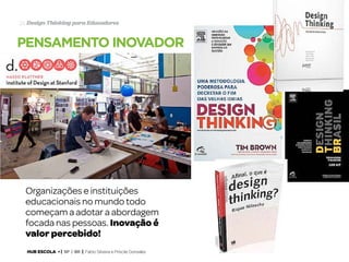 24 Design Thinking para Educadores

pensamento inovador

Organizações e instituições
educacionais no mundo todo
começam a adotar a abordagem
focada nas pessoas. Inovação é
valor percebido!
HUB ESCOLA • | SP | BR | Fabio Silveira e Priscila Gonsales

 