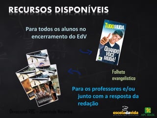 Para todos os alunos no
encerramento do EdV
Para os professores e/ou
junto com a resposta da
redação
FolhetoFolheto
evangelísticoevangelístico
Devocional RBC – Juventude Metanóia
 