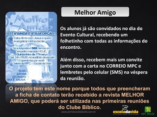 Melhor AmigoMelhor Amigo
www.portalescoladavida.com.br
Os alunos já são convidados no dia do
Evento Cultural, recebendo um
folhetinho com todas as informações do
encontro.
Além disso, recebem mais um convite
junto com a carta no CORREIO MPC e
lembretes pelo celular (SMS) na véspera
da reunião.
O projeto tem este nome porque todos que preencheram
a ficha de contato terão recebido a revista MELHOR
AMIGO, que poderá ser utilizada nas primeiras reuniões
do Clube Bíblico.
 