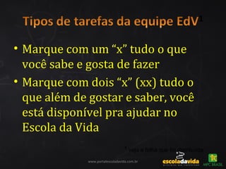 • Marque com um “x” tudo o que
você sabe e gosta de fazer
• Marque com dois “x” (xx) tudo o
que além de gostar e saber, você
está disponível pra ajudar no
Escola da Vida
www.portalescoladavida.com.br
1
veja a folha que foi distribuída
 