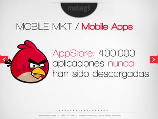 MOBILE MKT / Mobile Apps

                        AppStore: 400.000
                        aplicaciones nunca
                        han sido descargadas


    WWW.MOBEXT.MOBI          |          +54  11  5777  7400        |          HUMBERTO  PRIMO  101,  CAPITAL  FEDERAL,  ARGENTINA
 