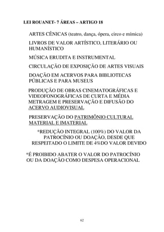 62
LEI ROUANET- 7 ÁREAS – ARTIGO 18
ARTES CÊNICAS (teatro, dança, ópera, circo e mímica)
LIVROS DE VALOR ARTÍSTICO, LITERÁRIO OU
HUMANÍSTICO
MÚSICA ERUDITA E INSTRUMENTAL
CIRCULAÇÃO DE EXPOSIÇÃO DE ARTES VISUAIS
DOAÇÃO EM ACERVOS PARA BIBLIOTECAS
PÚBLICAS E PARA MUSEUS
PRODUÇÃO DE OBRAS CINEMATOGRÁFICAS E
VIDEOFONOGRÁFICAS DE CURTA E MÉDIA
METRAGEM E PRESERVAÇÃO E DIFUSÃO DO
ACERVO AUDIOVISUAL
PRESERVAÇÃO DO PATRIMÔNIO CULTURAL
MATERIAL E IMATERIAL
*REDUÇÃO INTEGRAL (100%) DO VALOR DA
PATROCÍNIO OU DOAÇÃO, DESDE QUE
RESPEITADO O LIMITE DE 4%DO VALOR DEVIDO
*É PROIBIDO ABATER O VALOR DO PATROCÍNIO
OU DA DOAÇÃO COMO DESPESA OPERACIONAL
 