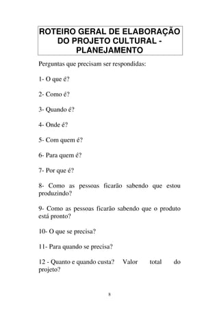 8
ROTEIRO GERAL DE ELABORAÇÃO
DO PROJETO CULTURAL -
PLANEJAMENTO
Perguntas que precisam ser respondidas:
1- O que é?
2- Como é?
3- Quando é?
4- Onde é?
5- Com quem é?
6- Para quem é?
7- Por que é?
8- Como as pessoas ficarão sabendo que estou
produzindo?
9- Como as pessoas ficarão sabendo que o produto
está pronto?
10- O que se precisa?
11- Para quando se precisa?
12 - Quanto e quando custa? Valor total do
projeto?
 