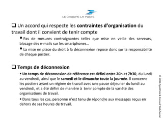 ©2016SpotPink&ConseilWebSocial
 Un accord qui respecte les contraintes d’organisation du
travail dont il convient de tenir compte
 Pas de mesures contraignantes telles que mise en veille des serveurs,
blocage des e-mails sur les smartphones…
 La mise en place du droit à la déconnexion repose donc sur la responsabilité
de chaque postier.
 Temps de déconnexion
 Un temps de déconnexion de référence est défini entre 20h et 7h30, du lundi
au vendredi, ainsi que le samedi et le dimanche toute la journée. Il concerne
les postiers ayant un régime de travail avec une pause déjeuner du lundi au
vendredi, et a été défini de manière à tenir compte de la variété des
organisations de travail.
 Dans tous les cas, personne n’est tenu de répondre aux messages reçus en
dehors de ses heures de travail.
 