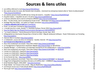 ©2016SpotPink&ConseilWebSocial
• Les chiffres 2016 de l'e-mail http://ow.ly/T0H2305tiym
• Des salariés privés d'e-mails, des horaires bien encadrés... Comment les entreprises testent-elles le "droit à la déconnexion"
?http://ow.ly/15x5303IJ2x
• Les salariés passent moins de 40% de leur temps de travail à… travailler ! http://ow.ly/VSpN305Osg0
• Enquête Cadreo : L'équilibre vie pro / vie perso http://ow.ly/ugb0305Or10
• La bonne utilisation de l’e-mail en entreprise (MEDEF) http://ow.ly/mnSZ305OAkP
• Atos : “Le zéro email, c’est la conséquence et pas le but” - Madmagz Com’Ihttp://ow.ly/sE1G303IHNM
• Sondage Ifop (mai 2016) - Les cadres et l’hyper connexion http://ow.ly/X0Zd305HGci
• La bonne utilisation de l'e-mail dans l'entreprise
• Email : le coût pour l'entreprise http://ow.ly/jFxfr
• « Inondé sous les e-mails, résistez ! », Hachette Pratique, Février 2013 http://ow.ly/jFxP3
• How the Digital Age Has Shaped Communication Management [INFOGRAPHIC]
• “ Le travail à distance ”, Patrick Bouvard et Patrick Storhaye, Dunod, Sept. 2013.
• [Infographie] Les internautes français face à l’email en 2012 - Blog de Sarbacane Software - Toute l'information sur l'emailing
http://ow.ly/p65UL
• Internet 2012 in numbers http://ow.ly/p66UJ
• «L'infobésité», source de stress en entreprise - Société, Internet - RFI http://ow.ly/p7P1a
• Les Français et la dépendance au mobile
• Vous triez inutilement vos emails ? Vous êtes viré(e)! http://zdnet.fr/39793807
• Le management à l'épreuve de la révolution digitale http://ow.ly/t70oV sur @LesEchos
• Enquête Mindjet : « L’information 2.0 submerge l’entreprise et ses collaborateurs » http://ow.ly/p63he
• Vous triez inutilement vos emails ? Vous êtes viré(e)! http://zdnet.fr/39793807 sur @zdnetfr
• L'email m'a TUER [1/3] | SpotPink http://ow.ly/tpZrS
• L'email m'a TUER [2/3] | SpotPink http://ow.ly/tpZnE
• L'email m'a TUER [3/3] | SpotPink http://ow.ly/tpZqc
• Ce fut l’email de trop… http://ow.ly/k6Eja
• Vous triez inutilement vos emails ? Vous êtes viré(e)! http://zdnet.fr/39793807 sur @zdnetfr
• Image from [infographie] L’overdose d’emails en 8 chiffres-clés! – COMBUZZ http://ow.ly/yjjv306259M
• Email Statistics Report, 2016-2020 – Executive Summary
• Étude Adobe : les Français et les emails - Blog du Modérateur http://ow.ly/Wtve30629xG
• Les français accros aux e-mails (étude Adobe) http://ow.ly/Na0Y3062yEN
• You’ve got mail! http://ow.ly/JyUe3062JIm
Sources & liens utiles
 