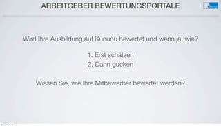 ARBEITGEBER BEWERTUNGSPORTALE
Wird Ihre Ausbildung auf Kununu bewertet und wenn ja, wie?
1. Erst schätzen
2. Dann gucken
Wissen Sie, wie Ihre Mitbewerber bewertet werden?
Montag, 26. Mai 14
 