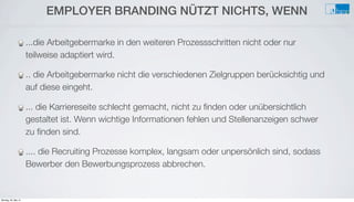 EMPLOYER BRANDING NÜTZT NICHTS, WENN
...die Arbeitgebermarke in den weiteren Prozessschritten nicht oder nur
teilweise adaptiert wird.
.. die Arbeitgebermarke nicht die verschiedenen Zielgruppen berücksichtig und
auf diese eingeht.
... die Karriereseite schlecht gemacht, nicht zu ﬁnden oder unübersichtlich
gestaltet ist. Wenn wichtige Informationen fehlen und Stellenanzeigen schwer
zu ﬁnden sind.
.... die Recruiting Prozesse komplex, langsam oder unpersönlich sind, sodass
Bewerber den Bewerbungsprozess abbrechen.
Montag, 26. Mai 14
 