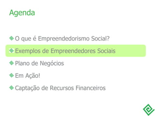 Agenda O que é Empreendedorismo Social? Exemplos de Empreendedores Sociais Plano de Negócios Em Ação! Captação de Recursos Financeiros 