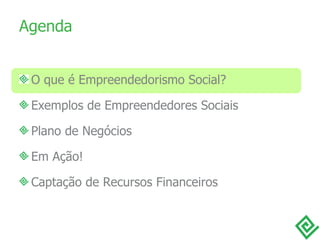 Agenda O que é Empreendedorismo Social? Exemplos de Empreendedores Sociais Plano de Negócios Em Ação! Captação de Recursos Financeiros 