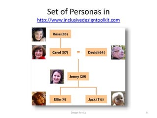 Set of Personas in
http://www.inclusivedesigntoolkit.com
Design for ALL 8
 