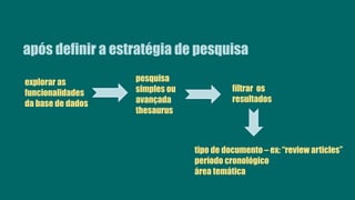 após definir a estratégia de pesquisa
explorar as
funcionalidades
da base de dados
filtrar os
resultados
pesquisa
simples ou
avançada
thesaurus
tipo de documento – ex: “review articles”
período cronológico
área temática
 
