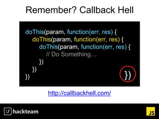 Remember? Callback Hell
http://callbackhell.com/
doThis(param, function(err, res) {
doThis(param, function(err, res) {
doThis(param, function(err, res) {
// Do Something…
})
})
}) })
 