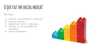 Oquefazumsocialmedia?
Métricas:
● avaliar investimento e retorno;
● prestar contas;
● demonstrar valor e impacto;
● avaliar as necessidades de
recursos;
● testar hipóteses.
 