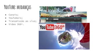 YouTube:mudanças
● Canais;
● YouTubers;
● Transmissão ao vivo;
● Vídeo 360º.
 