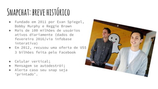 Snapchat:brevehistórico
● Fundado em 2011 por Evan Spiegel,
Bobby Murphy e Reggie Brown
● Mais de 100 milhões de usuários
ativos diariamente (dados de
fevereiro 2016/via infobase
interativa)
● Em 2012, recusou uma oferta de US$
3 bilhões feita pelo Facebook
● Celular vertical;
● Mensagem se autodestrói;
● Alerta caso seu snap seja
‘printado’.
 