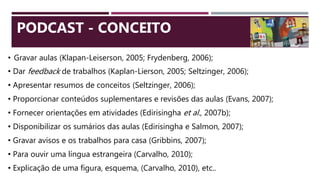 • Gravar aulas (Klapan-Leiserson, 2005; Frydenberg, 2006);
• Dar feedback de trabalhos (Kaplan-Lierson, 2005; Seltzinger, 2006);
• Apresentar resumos de conceitos (Seltzinger, 2006);
• Proporcionar conteúdos suplementares e revisões das aulas (Evans, 2007);
• Fornecer orientações em atividades (Edirisingha et al., 2007b);
• Disponibilizar os sumários das aulas (Edirisingha e Salmon, 2007);
• Gravar avisos e os trabalhos para casa (Gribbins, 2007);
• Para ouvir uma língua estrangeira (Carvalho, 2010);
• Explicação de uma figura, esquema, (Carvalho, 2010), etc..
PODCAST - CONCEITO
 