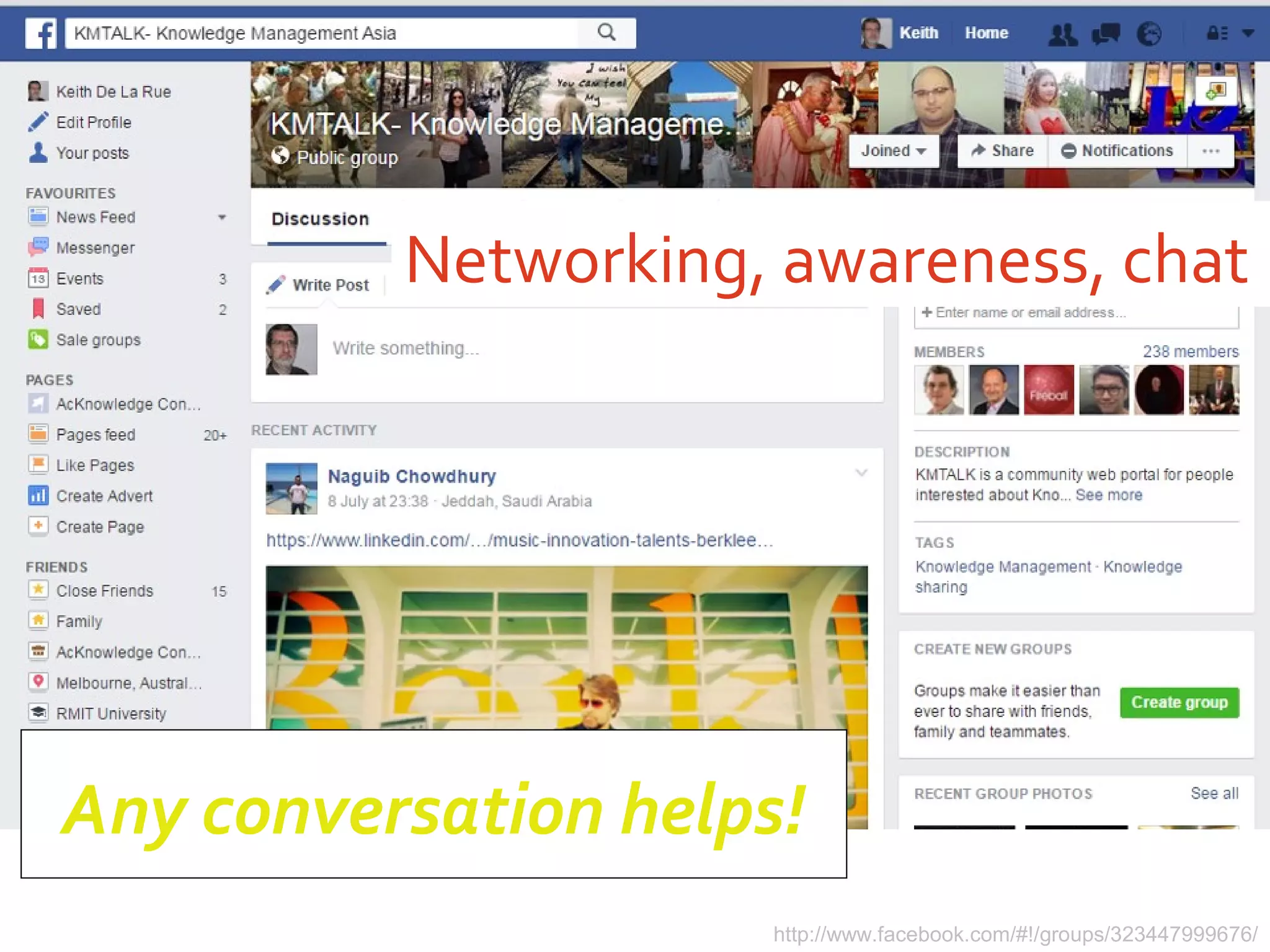 Networking, awareness, chat
http://www.facebook.com/#!/groups/323447999676/
Any conversation helps!
 