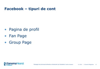 Facebook – tipuri de cont




• Pagina de profil
• Fan Page
• Group Page




               Strategie de promovare eficien...