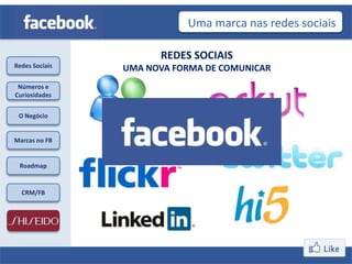 Uma marca nas redes sociais

                      REDES SOCIAIS
Redes Sociais   UMA NOVA FORMA DE COMUNICAR
 Números e
Curiosidades


 O Negócio


Marcas no FB


 Roadmap


  CRM/FB
 